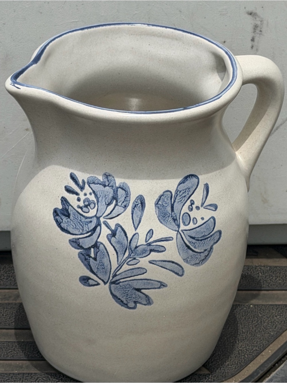Hand-Painted Blue Floral Ceramic Pitcher - White